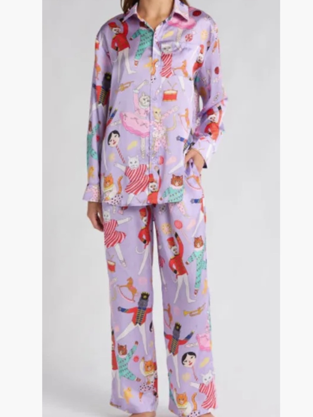 Karen Mabon Cat Nutcracker Satin Pajamas in Lilac M​